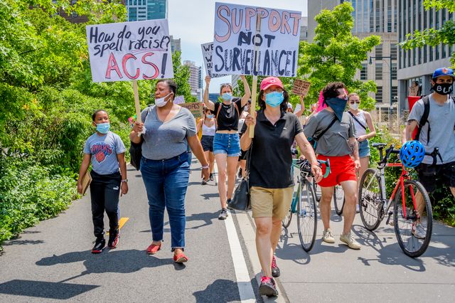 A photo of a 2020 protest against ACS, which has long been criticized for targeting Black families.